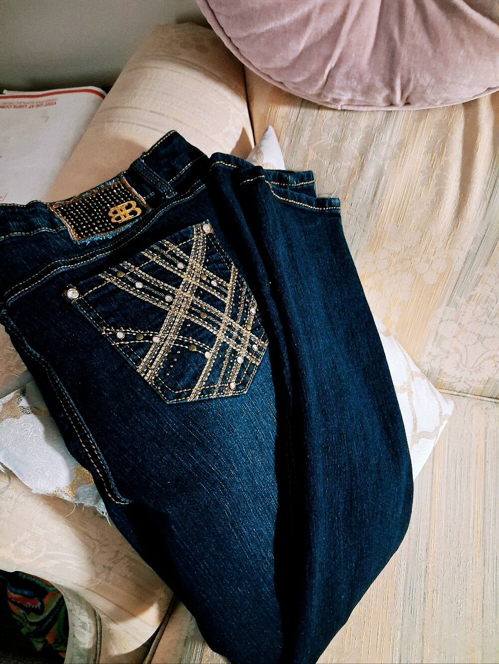 Boom Boom Gold  Embellished Dark Blue Women's Jeans Size 16W